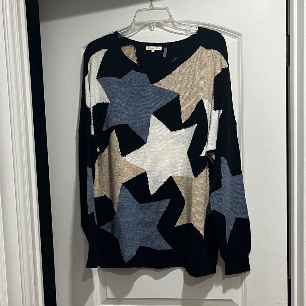 Minnie Rose Star Patterned Sweater in Blue, and Tan 100% cotton